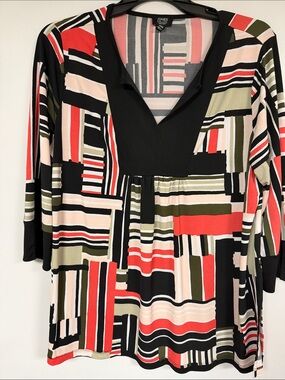 JONES OF NEW YORK Signature Vibrant Geometric Black / Orange / Olive Tunic 1X